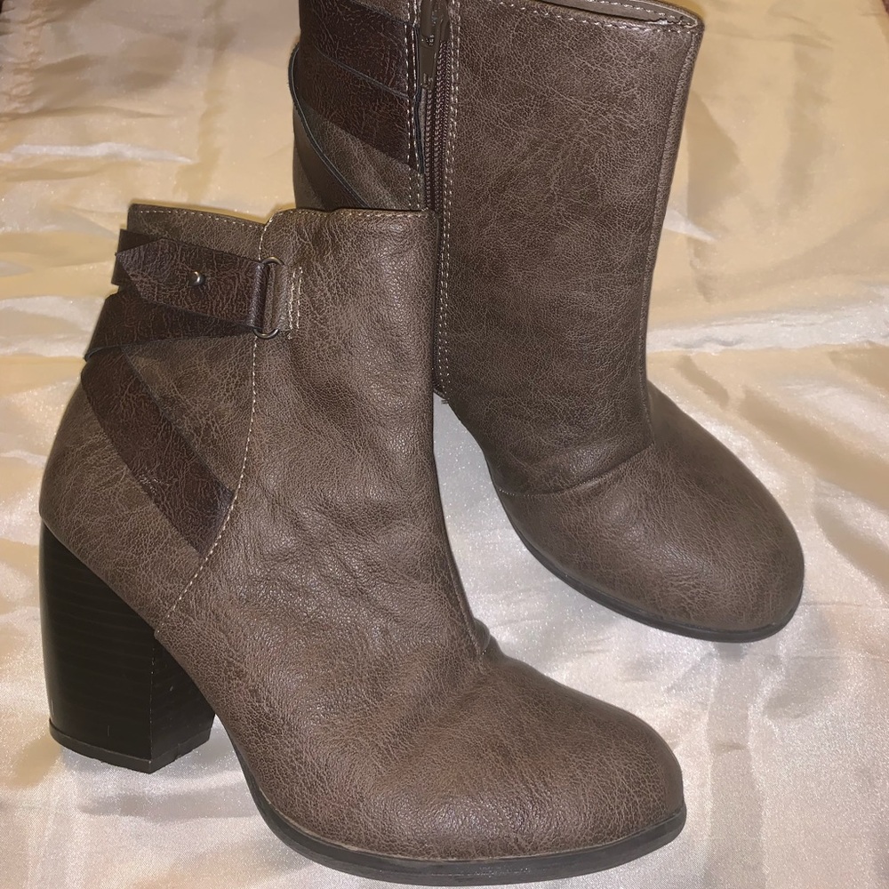Taupe brown booties with wrap buckle detail
